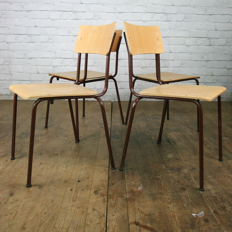 Vintage Industrial School Stacking Chairs - Burgundy & Beech