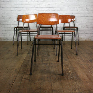 6 Vintage Industrial Teak School Stacking Chairs