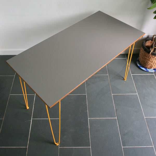 Reclaimed Hairpin Desk / Table - Grey Top/Yellow Legs