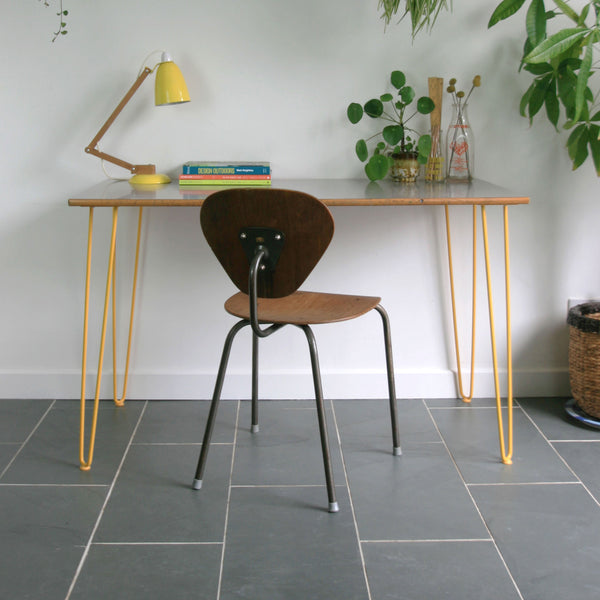 Reclaimed Hairpin Desk / Table - Grey Top/Yellow Legs