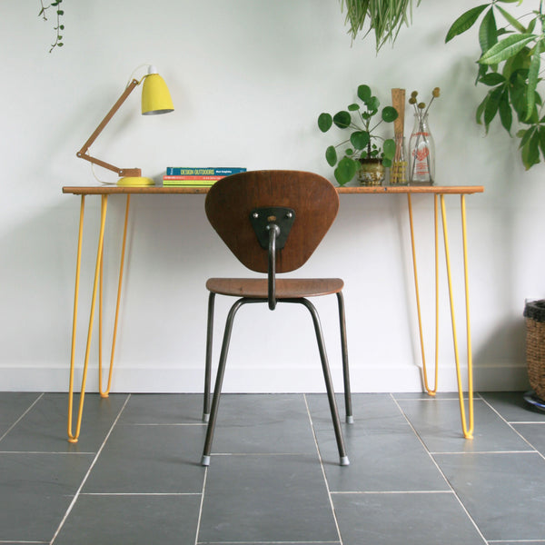 Reclaimed Hairpin Desk / Table - Grey Top/Yellow Legs