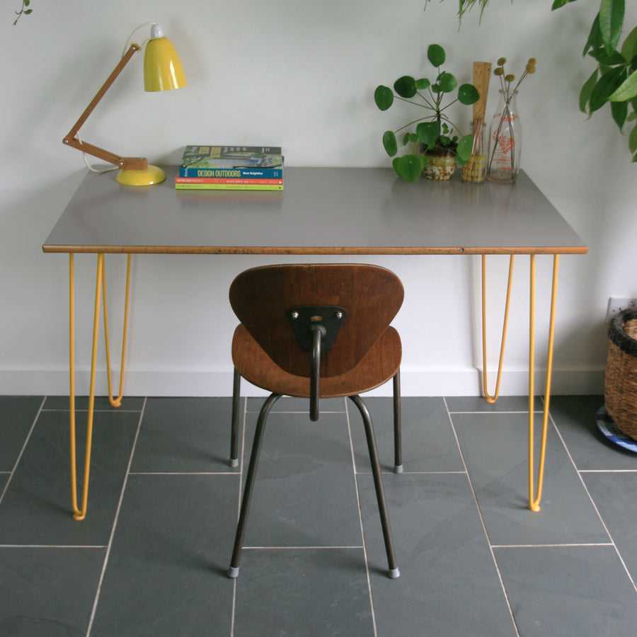 Reclaimed Hairpin Desk / Table - Grey Top/Yellow Legs