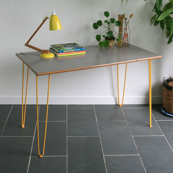 Reclaimed Hairpin Desk / Table - Grey Top/Yellow Legs