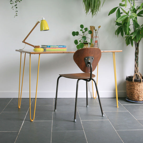 Reclaimed Hairpin Desk / Table - Grey Top/Yellow Legs
