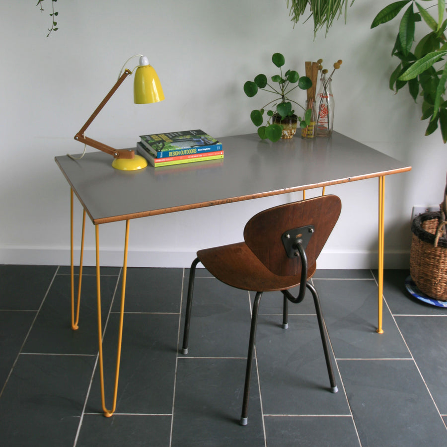 Reclaimed Hairpin Desk / Table - Grey Top/Yellow Legs