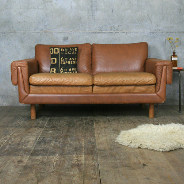 Midcentury Danish Two Seater Tan Leather Sofa