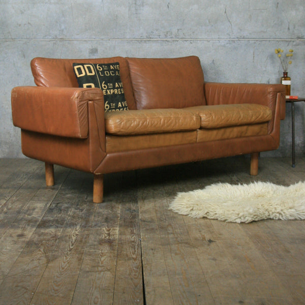 Midcentury Danish Two Seater Tan Leather Sofa