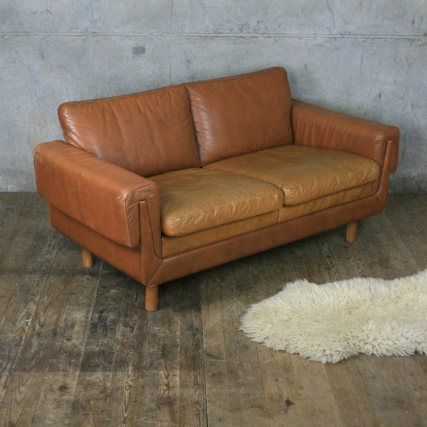 Midcentury Danish Two Seater Tan Leather Sofa