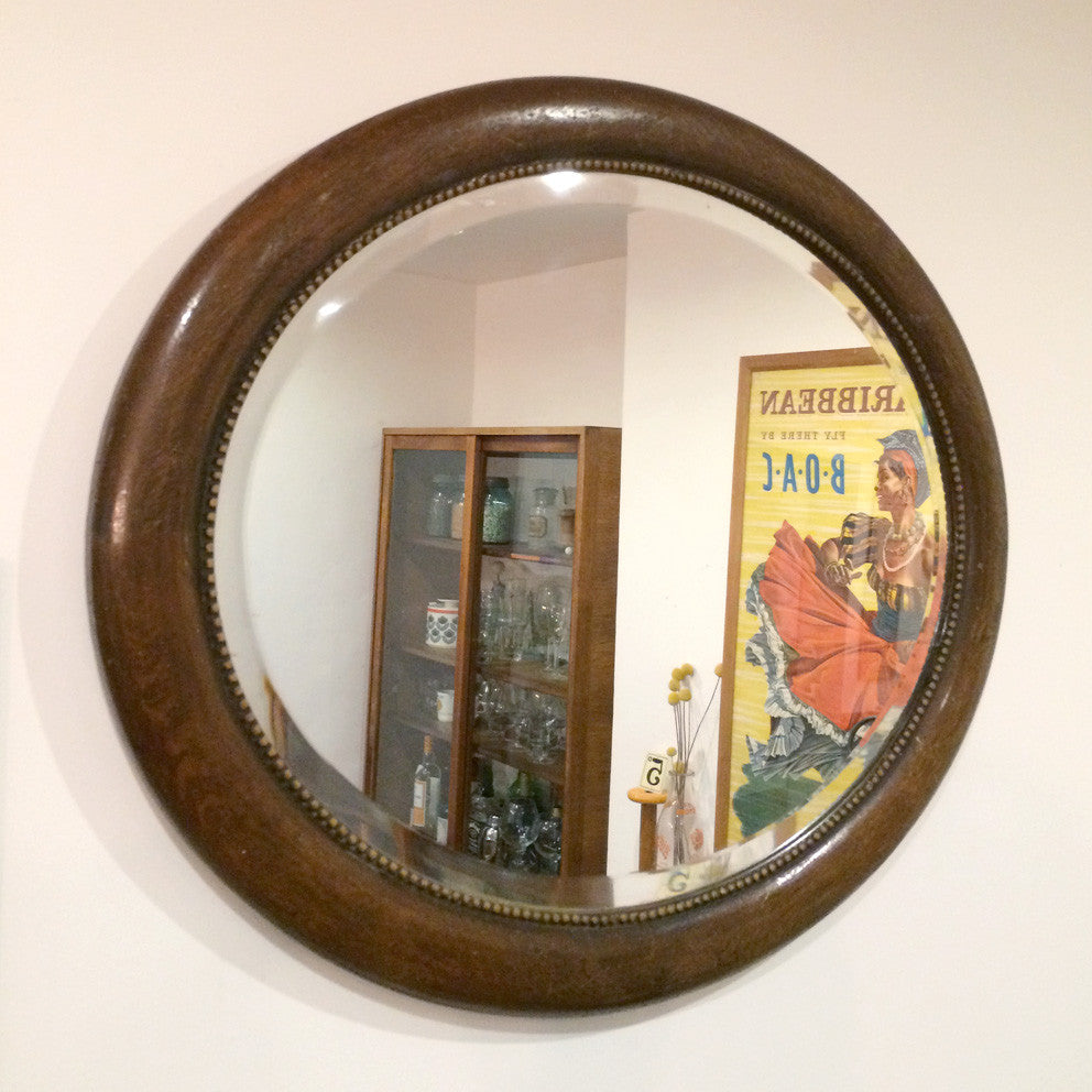 Vintage Oak Framed Barber Shop Mirror Mustard Vintage