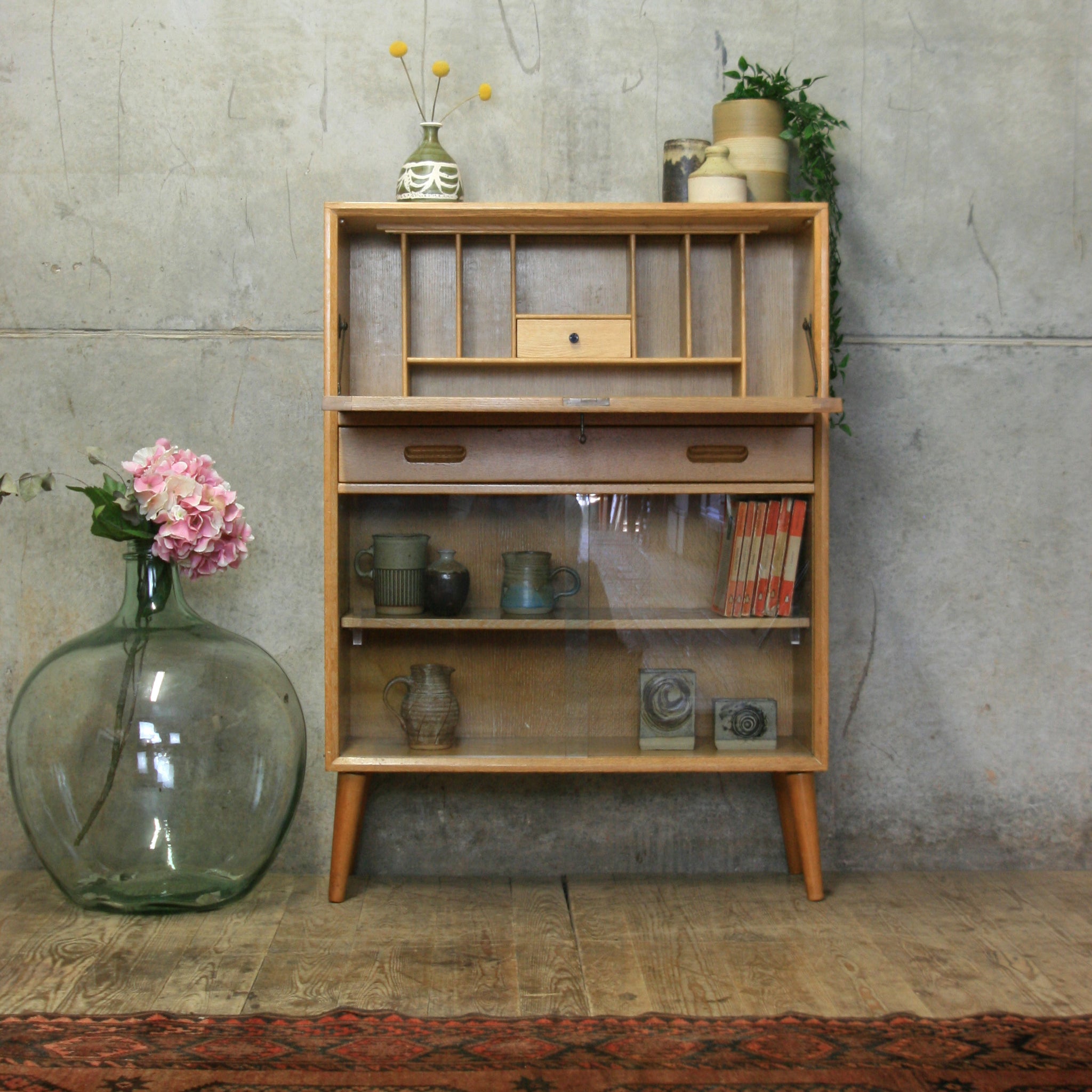Mid Century Oak Glazed Display Cabinet / Bureau – Mustard Vintage