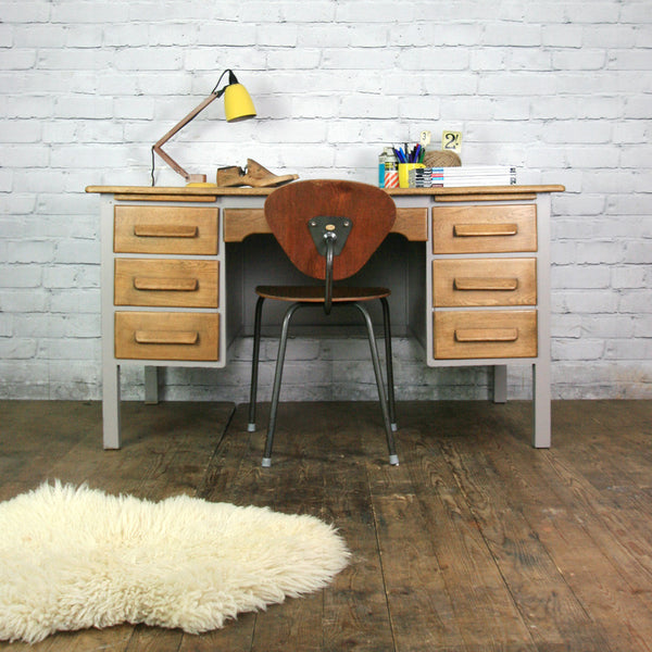 Vintage Painted Oak Twin Pedestal Desk