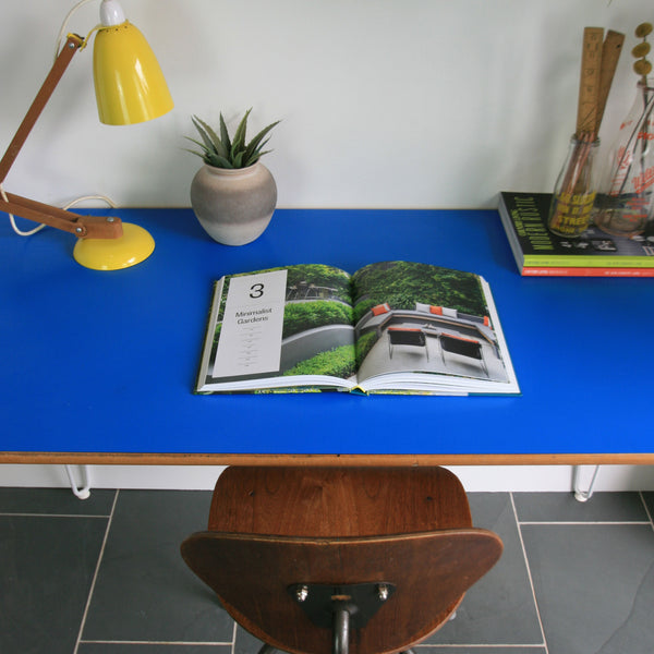 Reclaimed Hairpin Desk / Table - Blue Top/White Legs