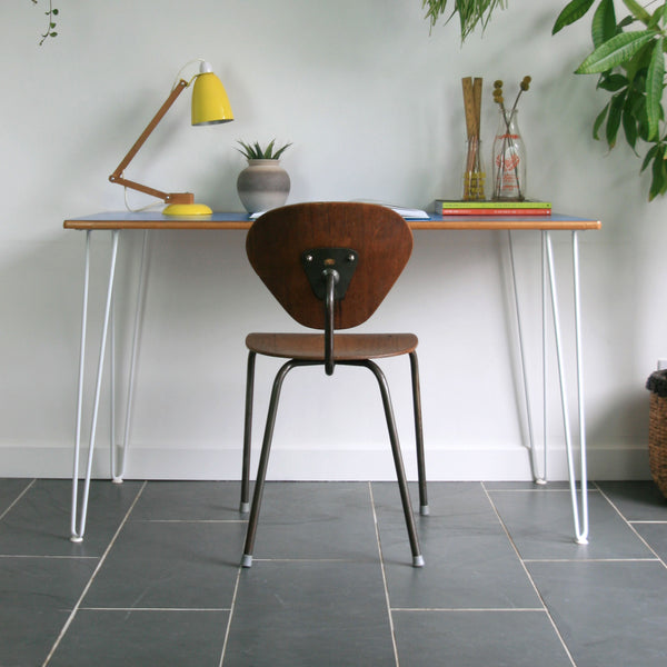 Reclaimed Hairpin Desk / Table - Blue Top/White Legs