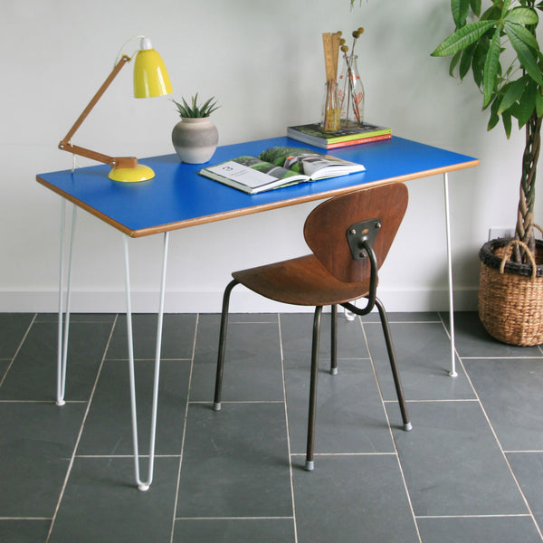 Reclaimed Hairpin Desk / Table - Blue Top/White Legs