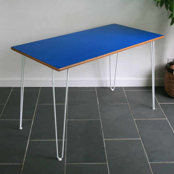 Reclaimed Hairpin Desk / Table - Blue Top/White Legs