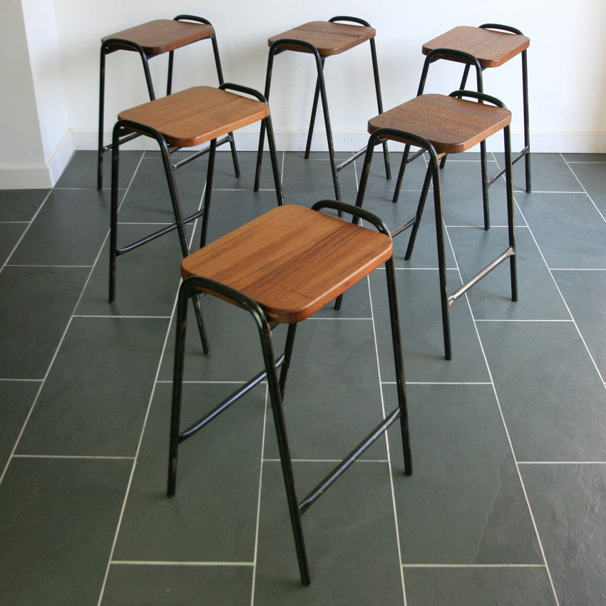 Set of 6 Vintage Iroko School Laboratory Stacking Stools – Mustard Vintage