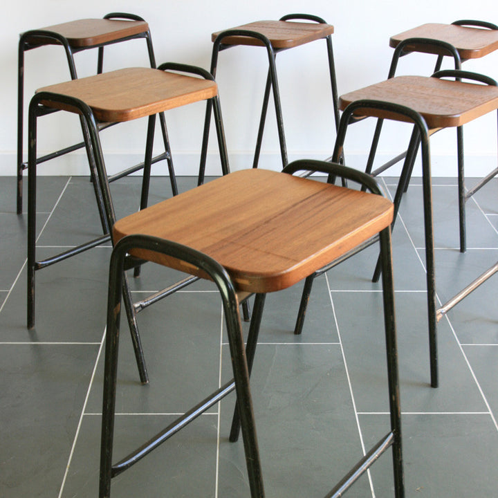 Set of 6 Vintage Iroko School Laboratory Stacking Stools