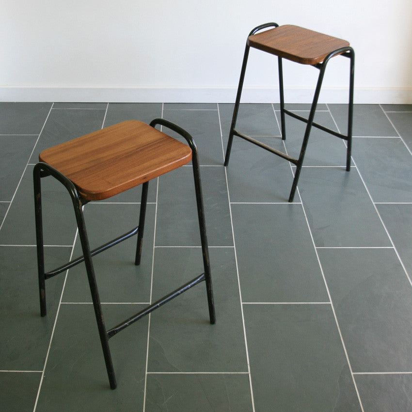 Set of 6 Vintage Iroko School Laboratory Stacking Stools – Mustard Vintage
