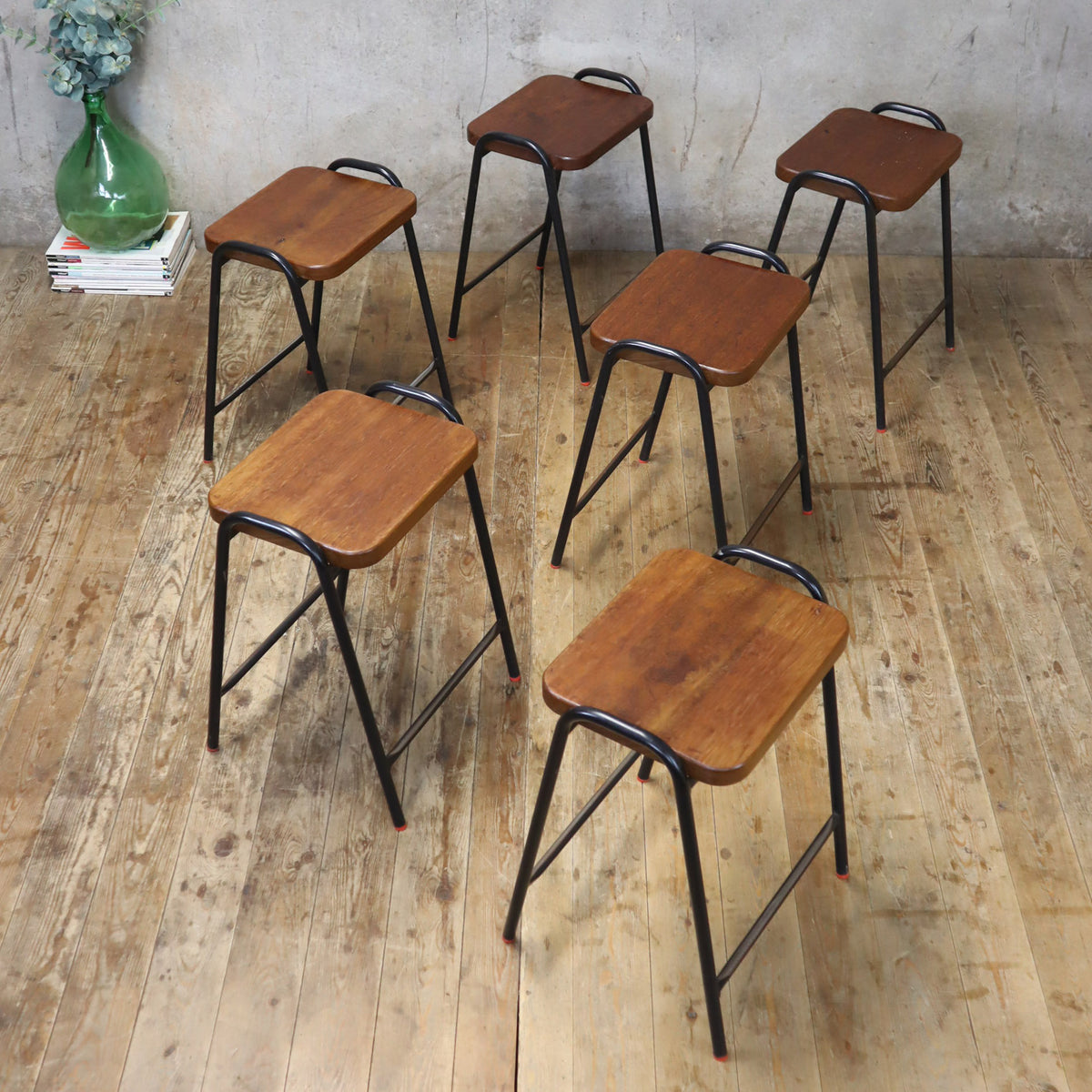 2 x Vintage Iroko School Lab Stacking Stools – 0701b – Mustard Vintage