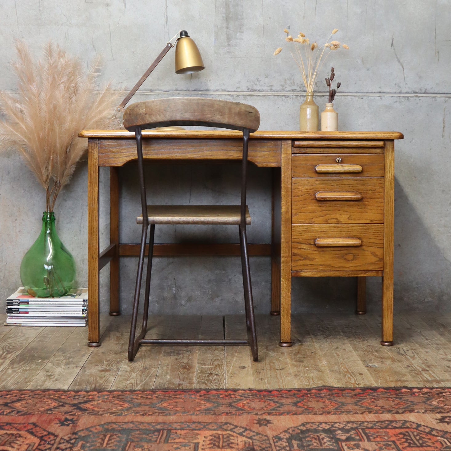 Petite Mid Century Rustic Oak Abbess School Desk - 2511d – Mustard Vintage