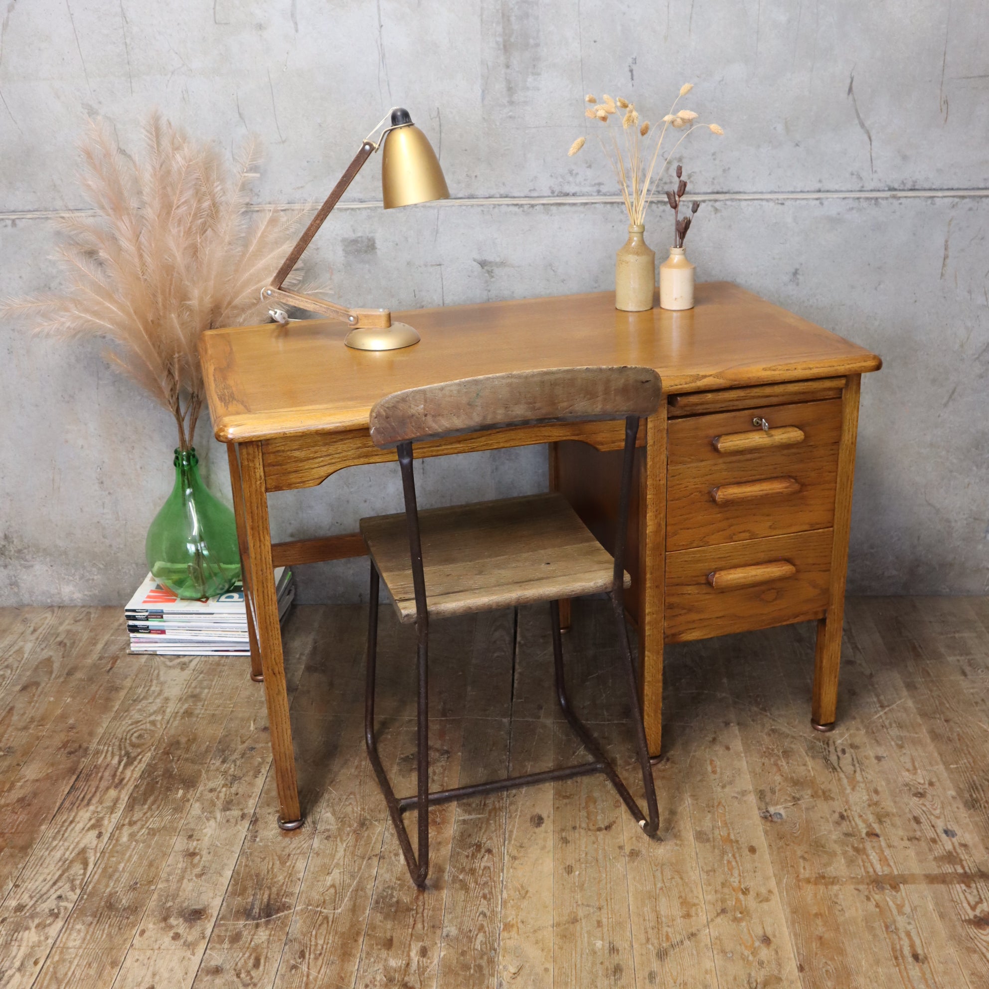 Petite Mid Century Rustic Oak Abbess School Desk - 2511d – Mustard Vintage