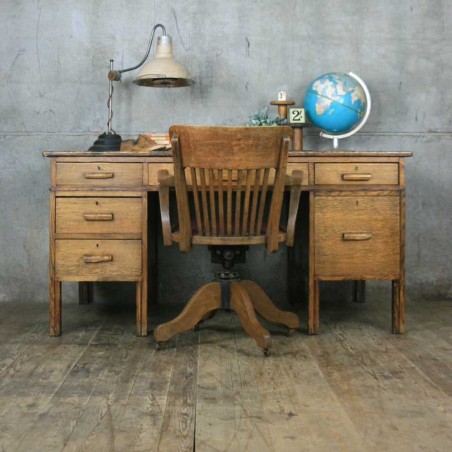Large Vintage Oak School Teachers Desk