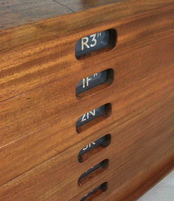 Vintage industrial reclaimed Iroko school plan chest - Restored to order