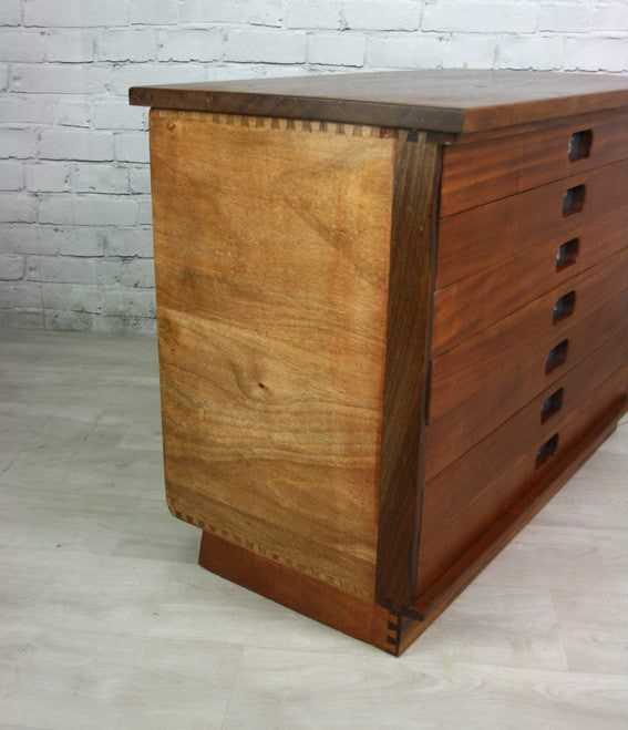 Vintage industrial reclaimed Iroko school plan chest - Restored to order
