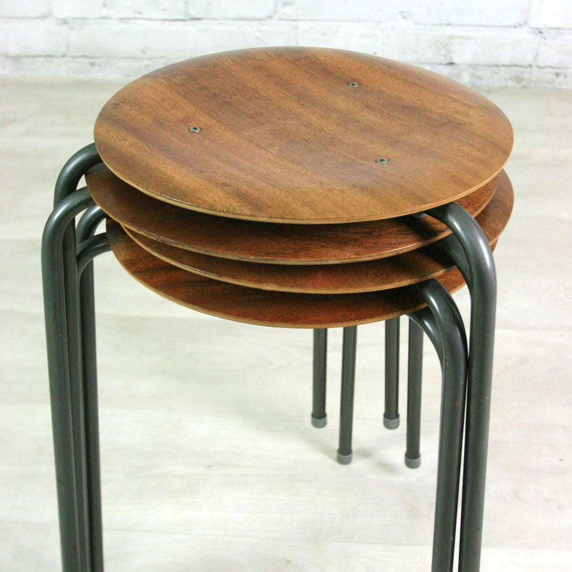 Set of four vintage school teak stacking stools – Mustard Vintage