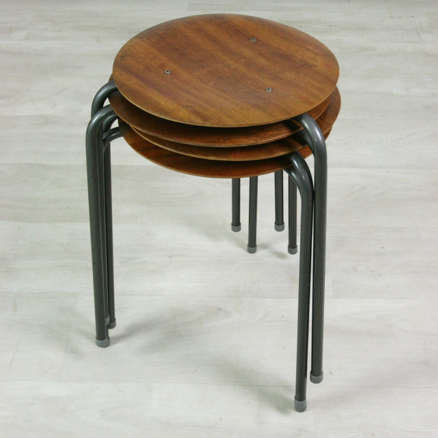 Set of four vintage school teak stacking stools