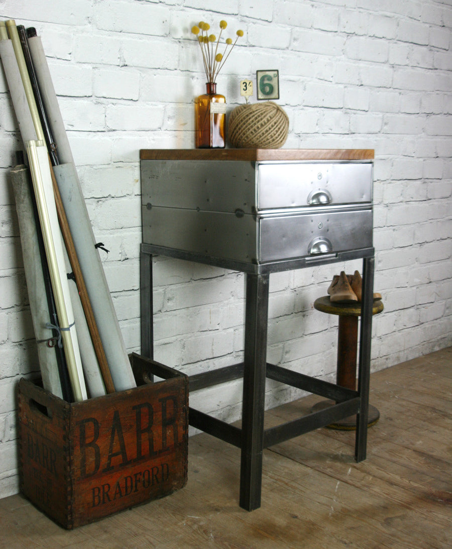 Vintage Industrial Steel & Iroko Factory Filing Cabinet