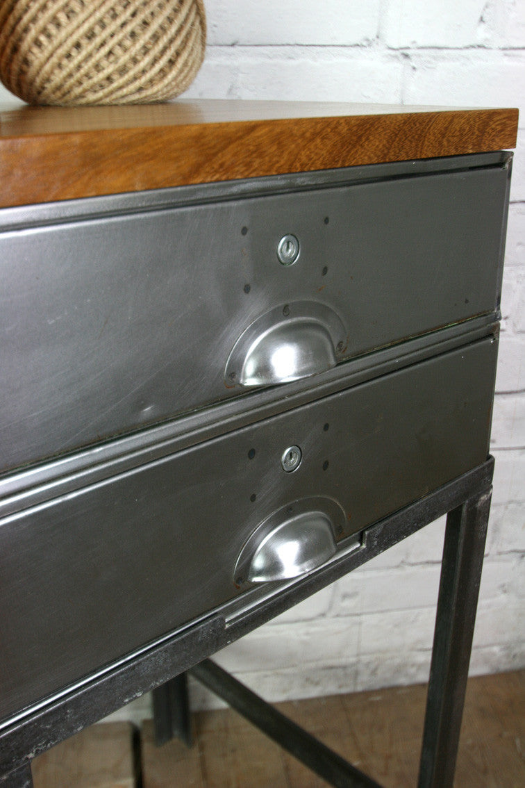 Vintage Industrial Steel & Iroko Factory Filing Cabinet