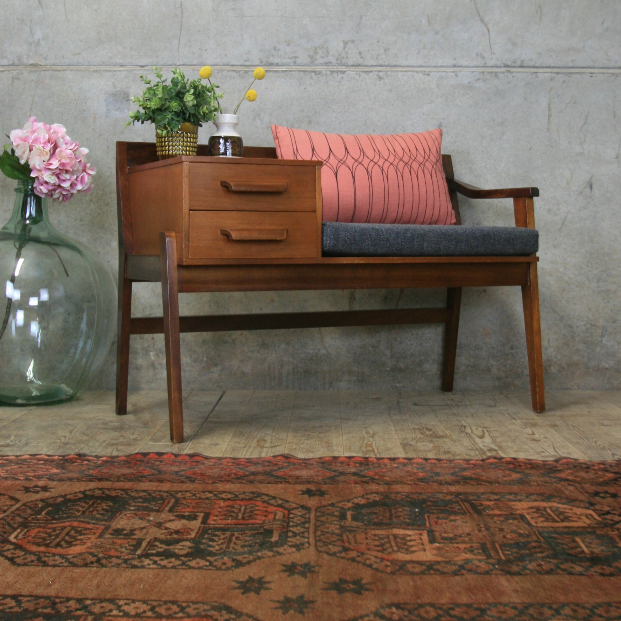 Mid Century Chippy Heath Teak Telephone Seat #A1 – Mustard Vintage