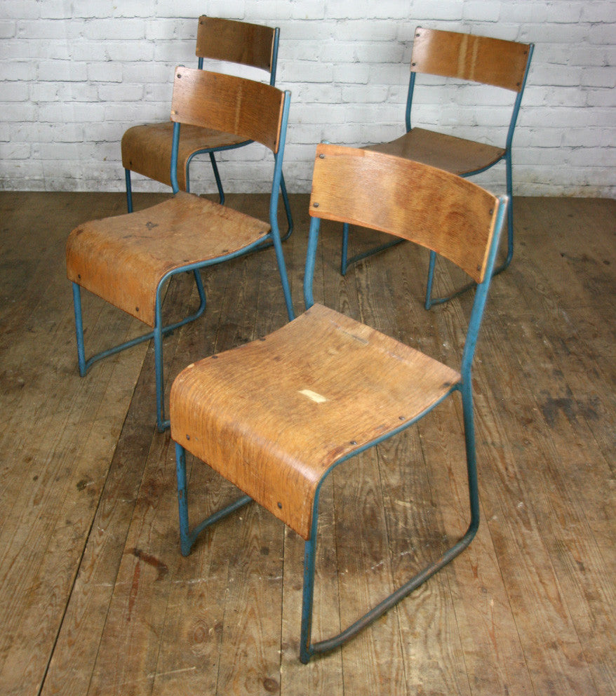A Set of Four (4) Vintage Tubular Steel Stacking Chairs - BLUE