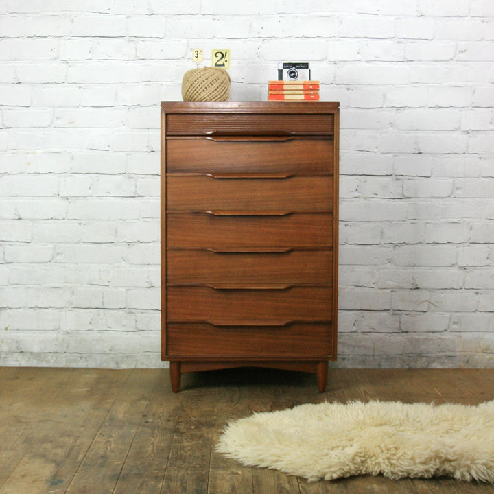 Vintage Mid Century Afromosia Tallboy Chest of Drawers