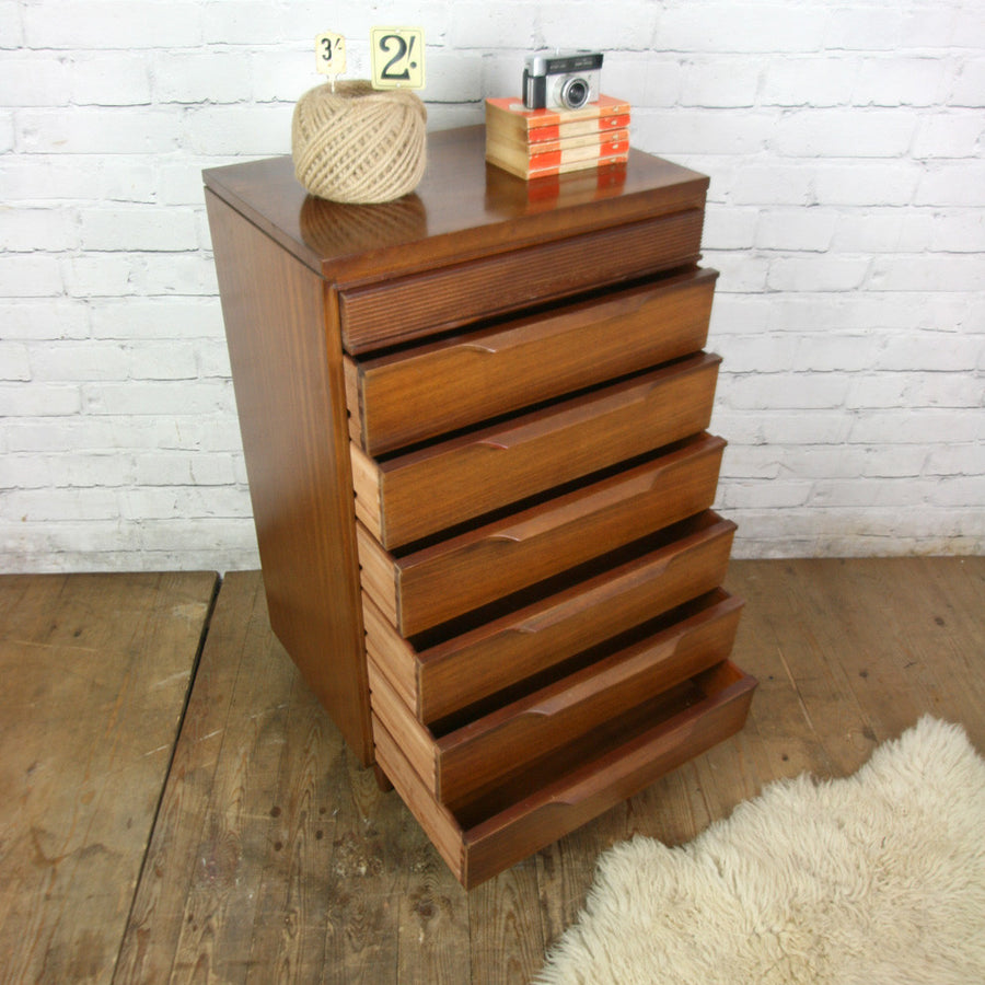 Vintage Mid Century Afromosia Tallboy Chest of Drawers