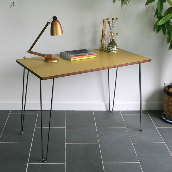 Reclaimed Hairpin Desk / Table - Yellow Top/Steel Legs